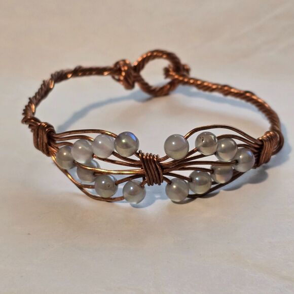Handmade Copper Wire Wrapped Bracelet with labradorite Beads | Adjustable - Picture 2 of 4